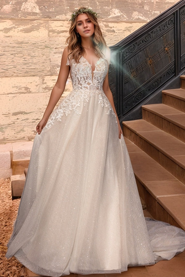 Glitter & Sparkly A-Line V Neck Spaghetti Straps Sleeveless Open Back Appliques Tulle Wedding Dress Boho Beach Bride Gown
