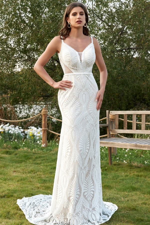 Gorgeous Mermaid V Neck Spaghetti Straps Sleeveless Fully Lace Bohemian Wedding Dress V Back Open Back Floor Length Court Train Bridal Gown