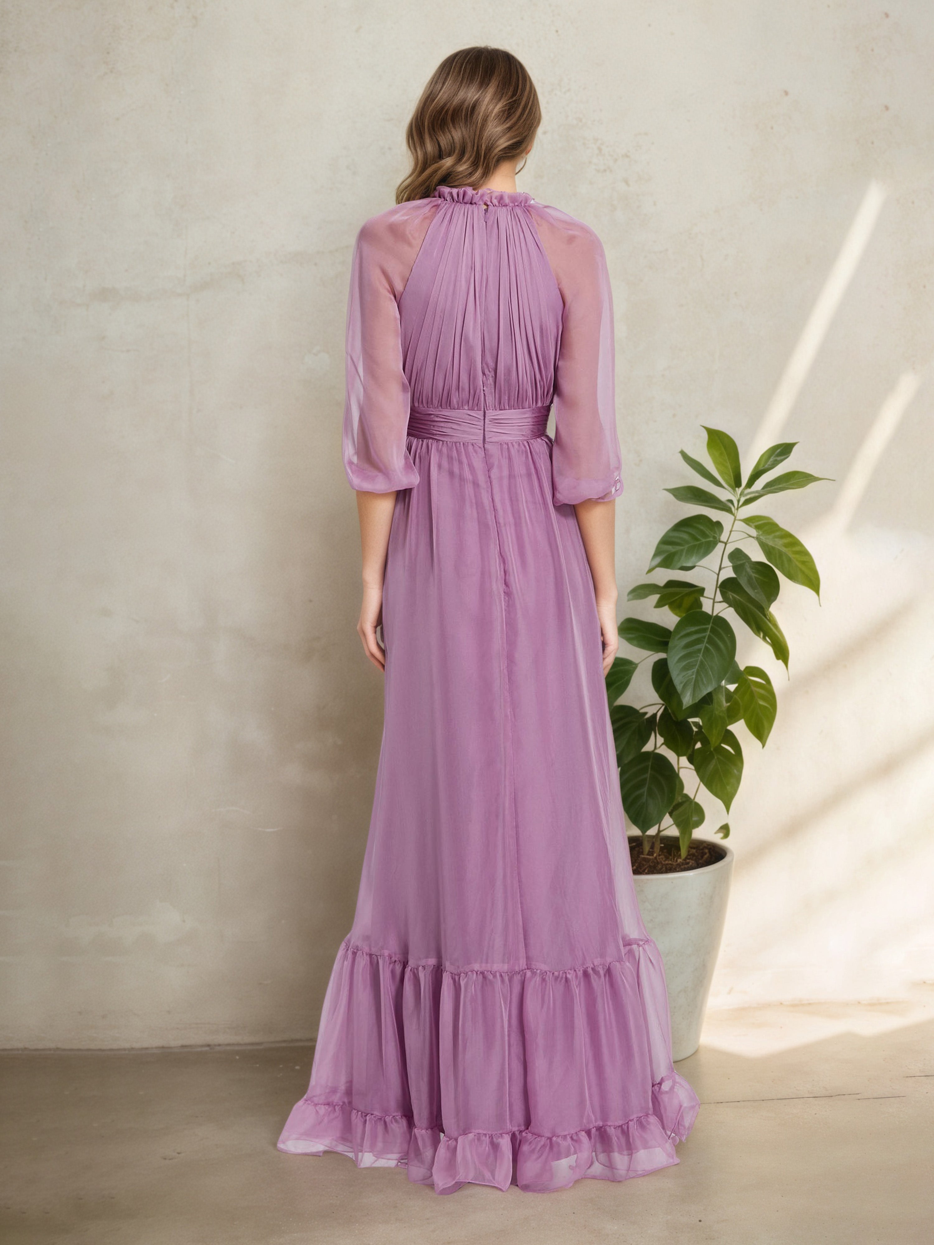 Wisteria High Neck Mother of the Bride Dress with Illusion 3/4 Sleeves