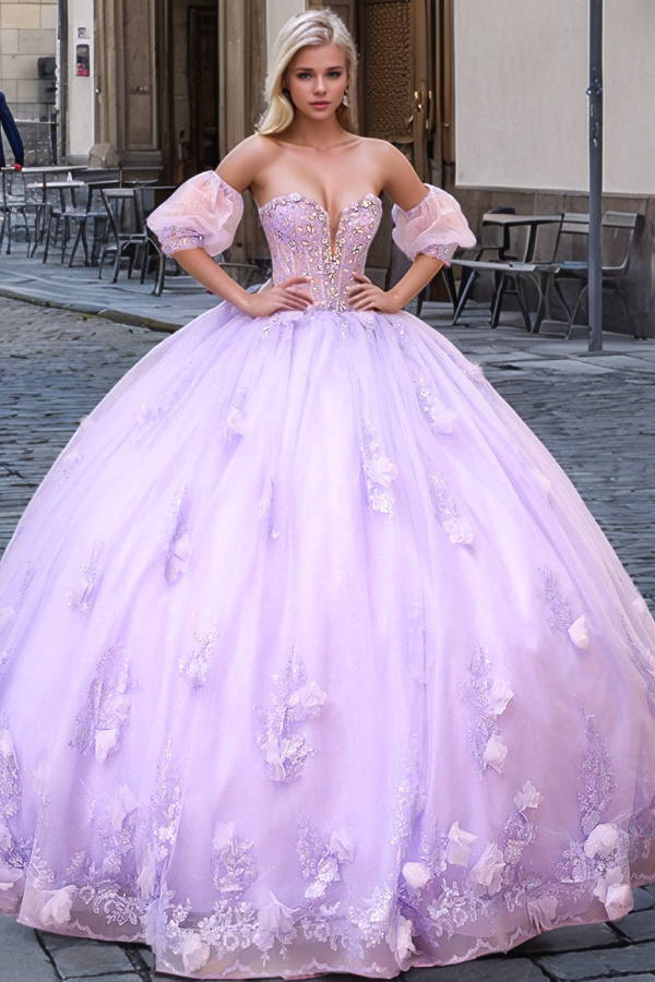 Gorgeous Ball Gown Sweetheart Neck Detachable Short Sleeves Beaded Crystal 3D Flower Appliques Purple Tulle Quinceanera Dress Birthday Party Dress for Sweet 16