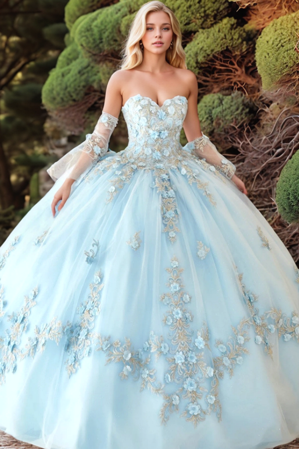 Chic & Modern Ball Gown Sweetheart Neck Detachable Long Bell Sleeves 3D Flower Appliques Lace Up Sky Blue Tulle Quinceanera Dress Formal Evening Party Gown for Sweet 16
