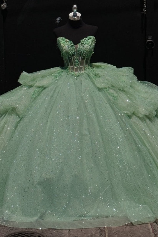 Chic & Modern Ball Gown Sweetheart Neck Lace Up Bow Knot Tiered Beaded Sequins Appliques Mint Green Sparkly Tulle Quinceanera Dress Birthday Party Gown for Sweet 16