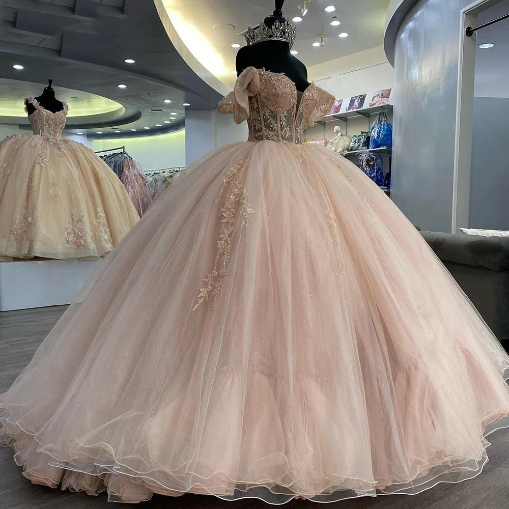 Modern Ball Gown Off Shoulder Sleeveless Lace Appliques Beaded Lace Up Sweep Train Blush Pink Tulle Quinceanera Dress Princess Gown for Sweet 16