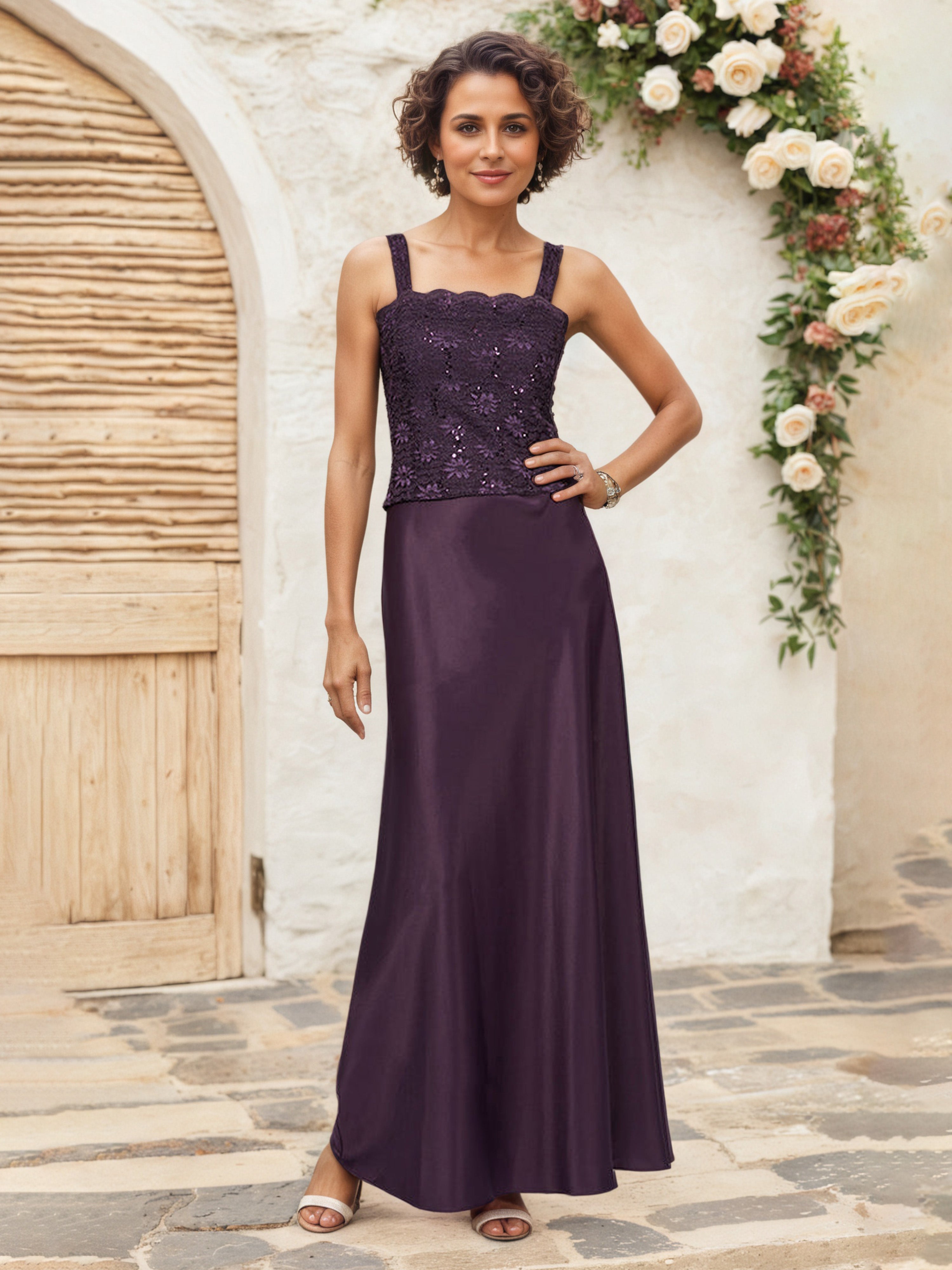 Plum Dress A Line Lace Bodice Satin Dress with 3/4 Sleeve Lace Jacket Mother Of The Bride