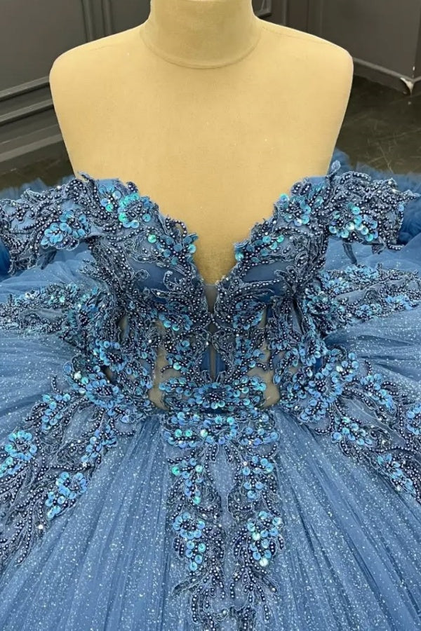 Ball Gown Off Shoulder Sleeveless 3D Flower Appliques Baded Sequins Ruffles Tiered Sparkly Blue Tulle Formal Evening Party Dress Quinceanera Dress for Sweet 16