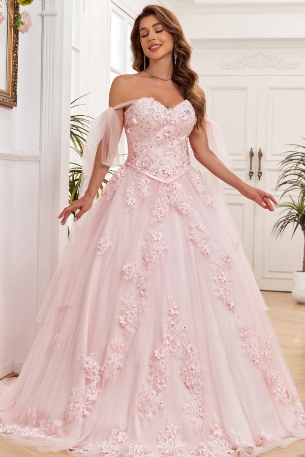 Elegant & Modern Ball Gown Off Shoulder Sleeveless Beaded Flower Appliques Baby Pink Tulle Quinceanera Dress Formal Evening Gown for Sweet 16