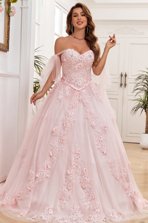 Elegant & Modern Ball Gown Off Shoulder Sleeveless Beaded Flower Appliques Baby Pink Tulle Quinceanera Dress Formal Evening Gown for Sweet 16