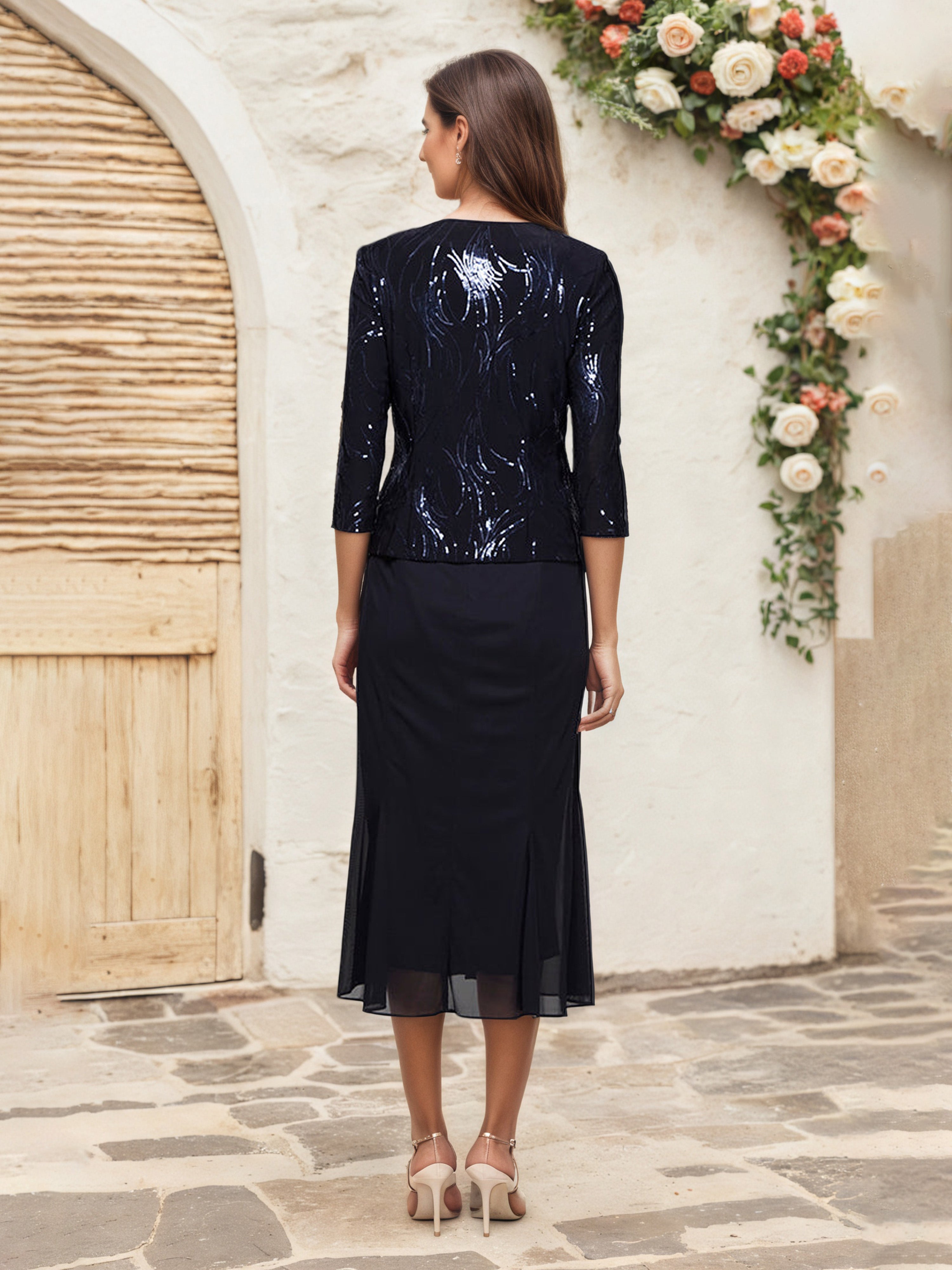 Dark Navy Sheath/Column Sequins Tea Length Mother Of The Bride Dress with Jacket