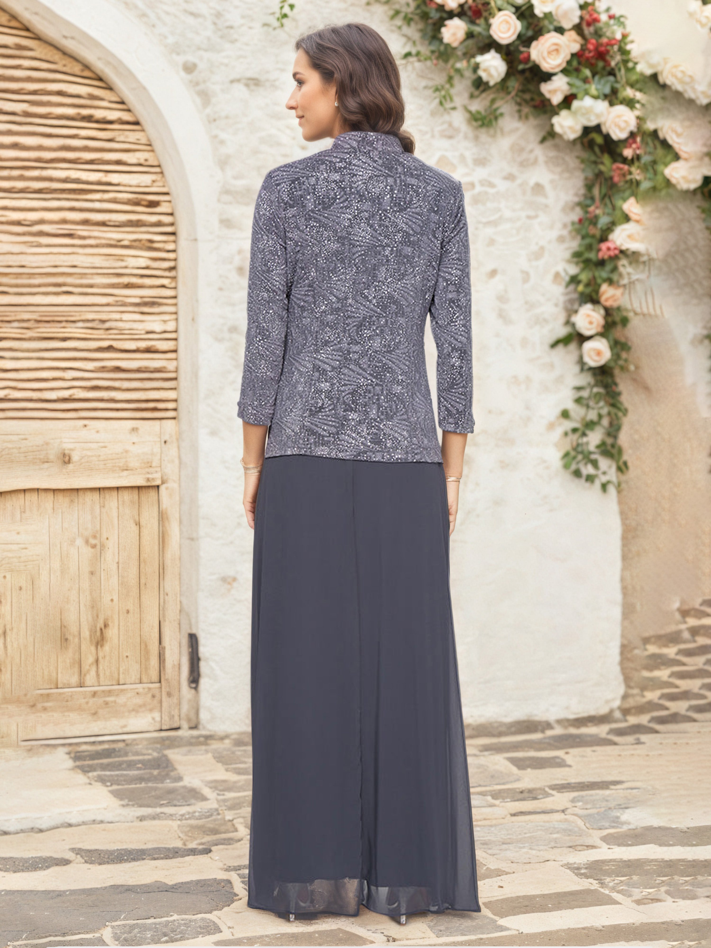 Steel Grey Chiffon Mother of the Bride Dress with Glitter Jacquard Fabric Mandarin Neckline and Matching Jacket