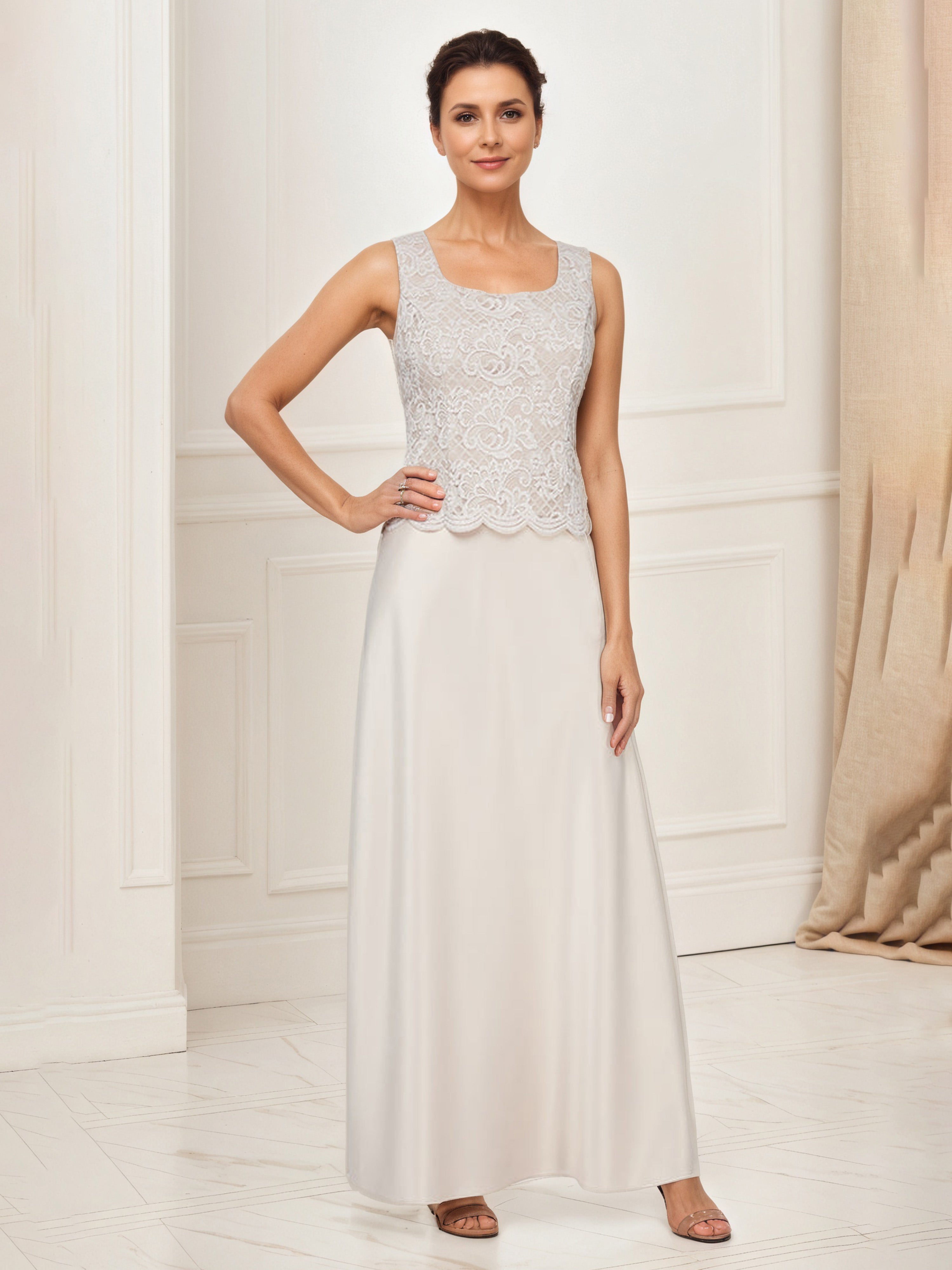 Champagne Satin Mother of the Bride Dress with Glitter Lace Bodice and Matching Jacket
