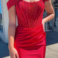 Cute Red Off the Shoulder Satin Homecoming Dresses with Lace