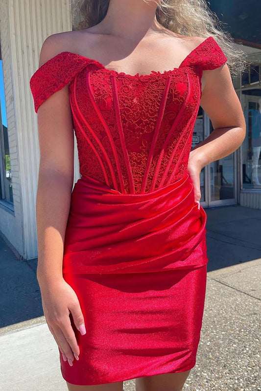 Cute Red Off the Shoulder Satin Homecoming Dresses with Lace