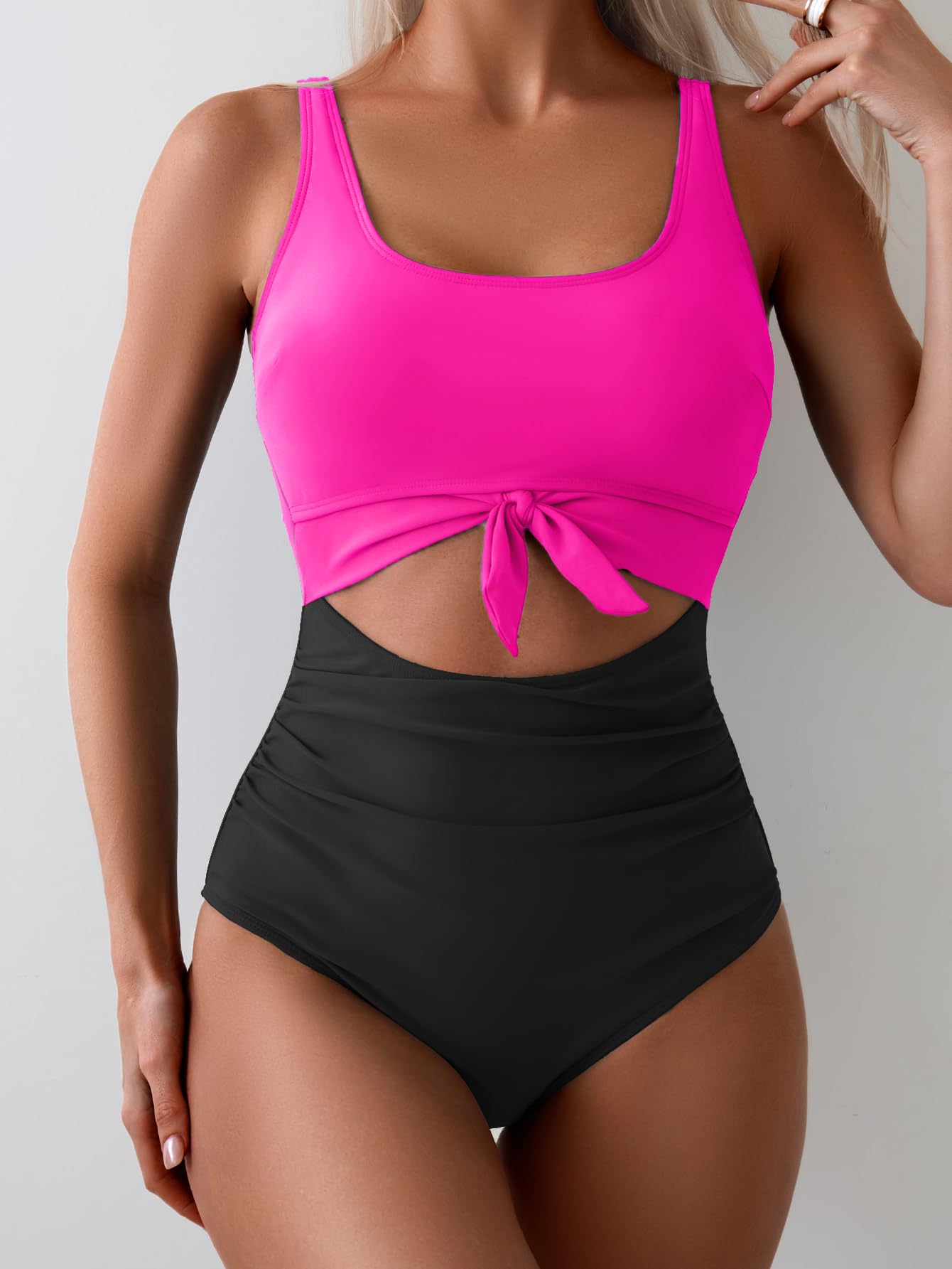 OmbreSwim - Women's One Piece Swimsuit Tummy Control Slimming Bathing Suit Cutout Tie Knot Swimwear