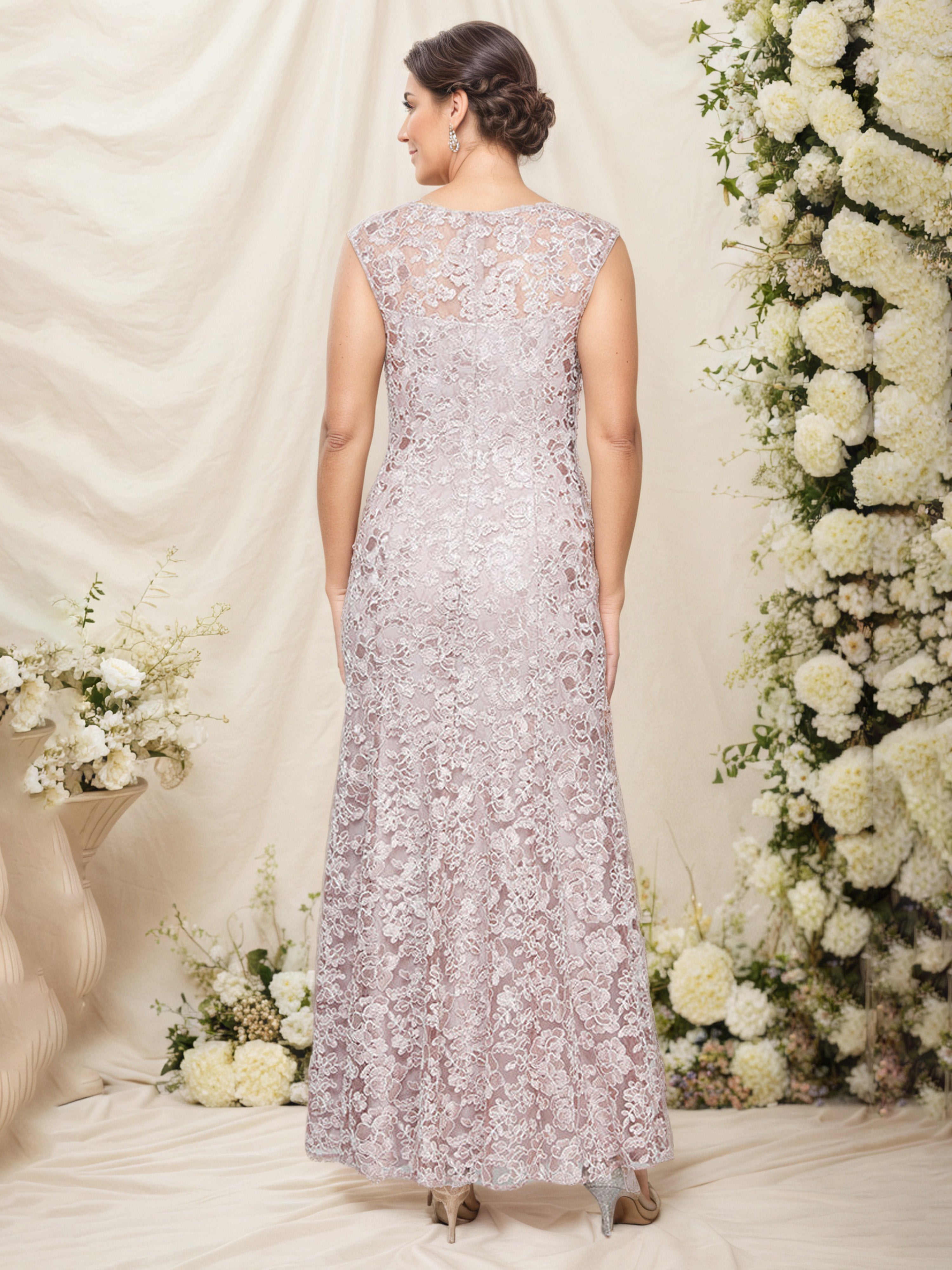 Blush Pink Lace Embroidered Fitted Mother of the Bride Dress with Cap Sleeves and Matching Shawl