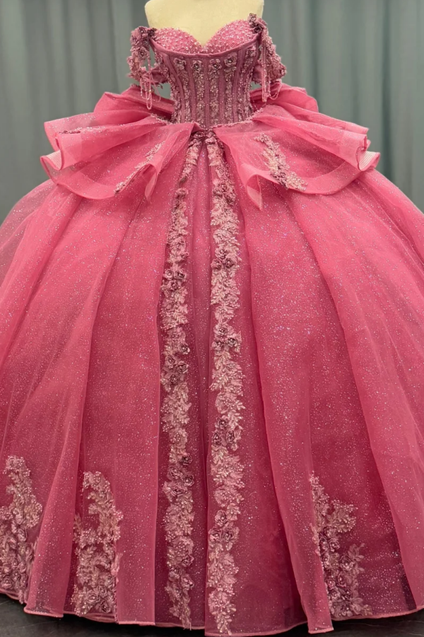 Ball Gown Off Shoulder Sleeveless Beaded Sequins 3D Flower Appliques Bow Knot Glitter Pink Tulle Quinceanera Dress Formal Evening Party Giwn for Sweet 16