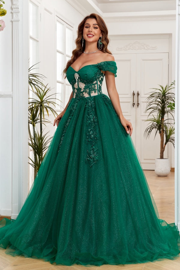 Glamorous & Glitter Ball Gown Off Shoulder Sleeveless Flower Beaded Appliques Dark Green Tulle Formal Evening Party Gown Quinceanera Dress for Sweet 16