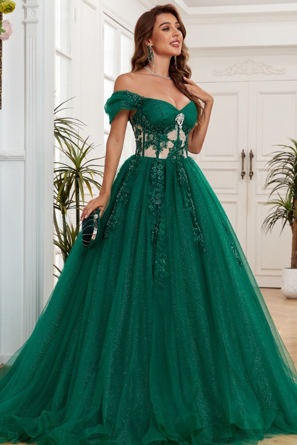 Glamorous & Glitter Ball Gown Off Shoulder Sleeveless Flower Beaded Appliques Dark Green Tulle Formal Evening Party Gown Quinceanera Dress for Sweet 16