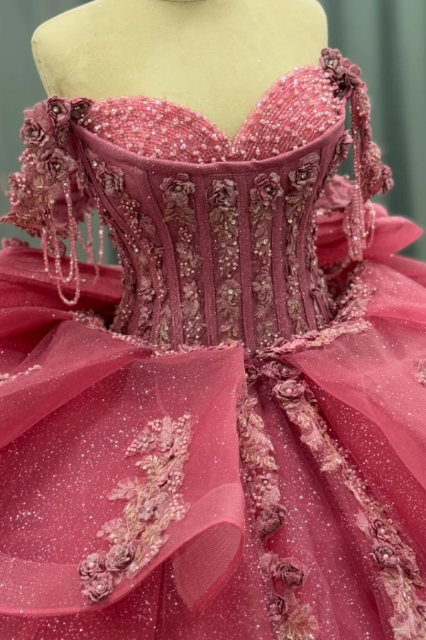 Ball Gown Off Shoulder Sleeveless Beaded Sequins 3D Flower Appliques Bow Knot Glitter Pink Tulle Quinceanera Dress Formal Evening Party Giwn for Sweet 16