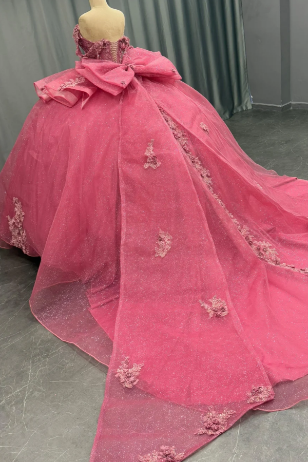 Ball Gown Off Shoulder Sleeveless Beaded Sequins 3D Flower Appliques Bow Knot Glitter Pink Tulle Quinceanera Dress Formal Evening Party Giwn for Sweet 16