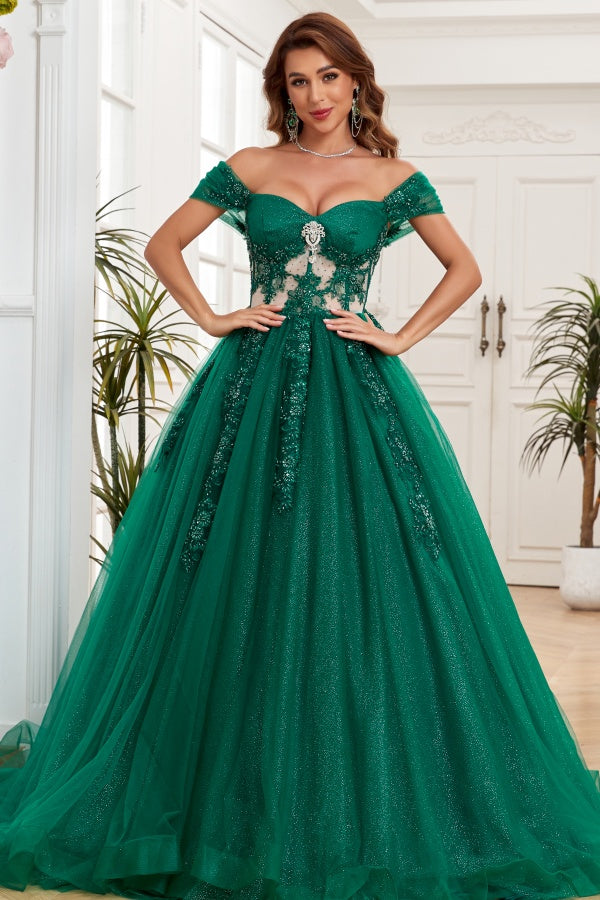 Glamorous & Glitter Ball Gown Off Shoulder Sleeveless Flower Beaded Appliques Dark Green Tulle Formal Evening Party Gown Quinceanera Dress for Sweet 16