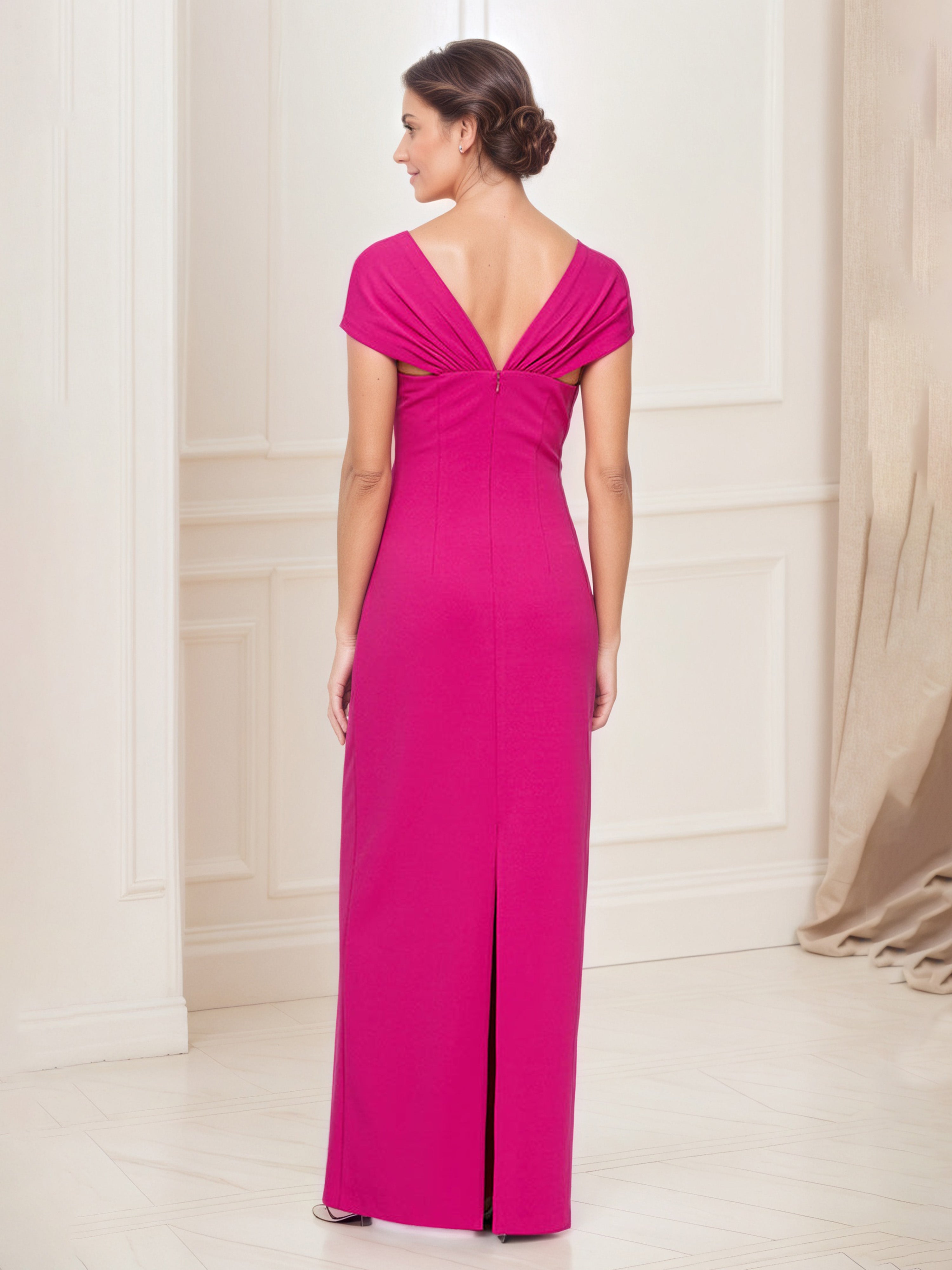 Fuchsia Long Mother of the Bride Dress with Cap Sleeves and Embellished Asymmetric Neckline