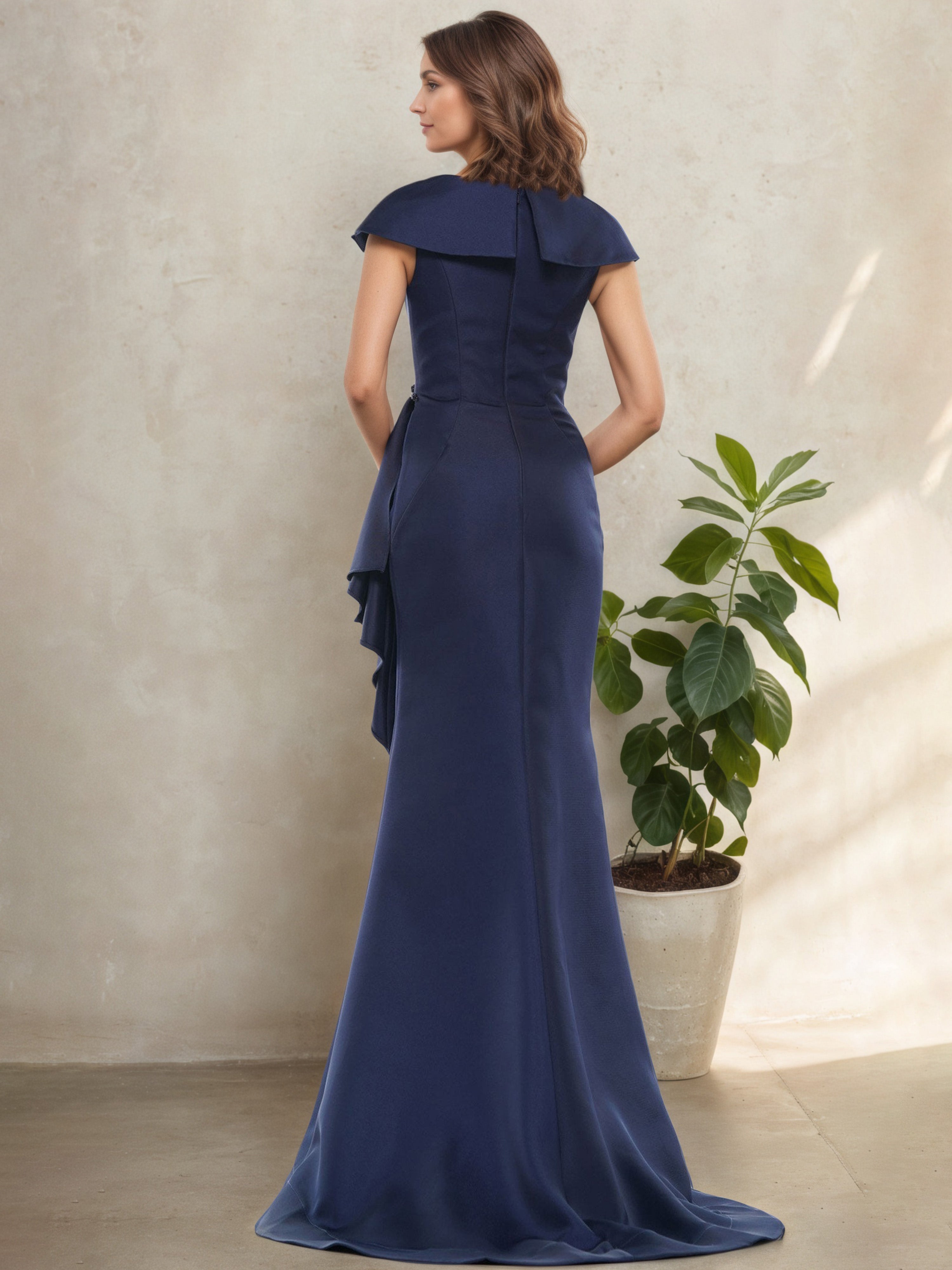 Navy Blue V-Neck Mother of the Bride Dress with Cap Sleeves and Side Ruffle Detail