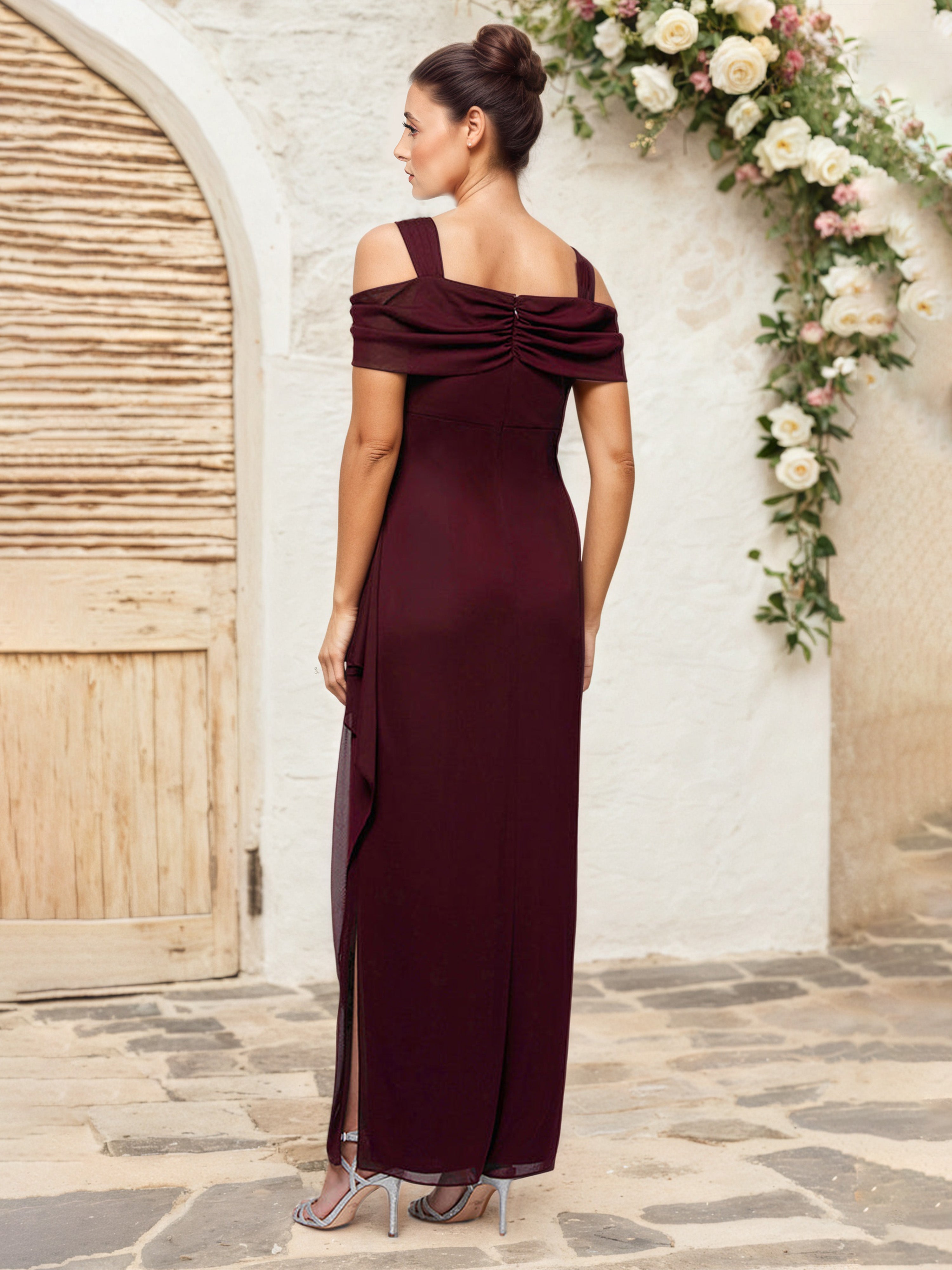 Burgundy Long Chiffon Mother of the Bride Dress with Off-the-Shoulder Design
