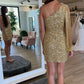 Sparkly Gold One Shoulder Sequins Short Homecoming Dresses