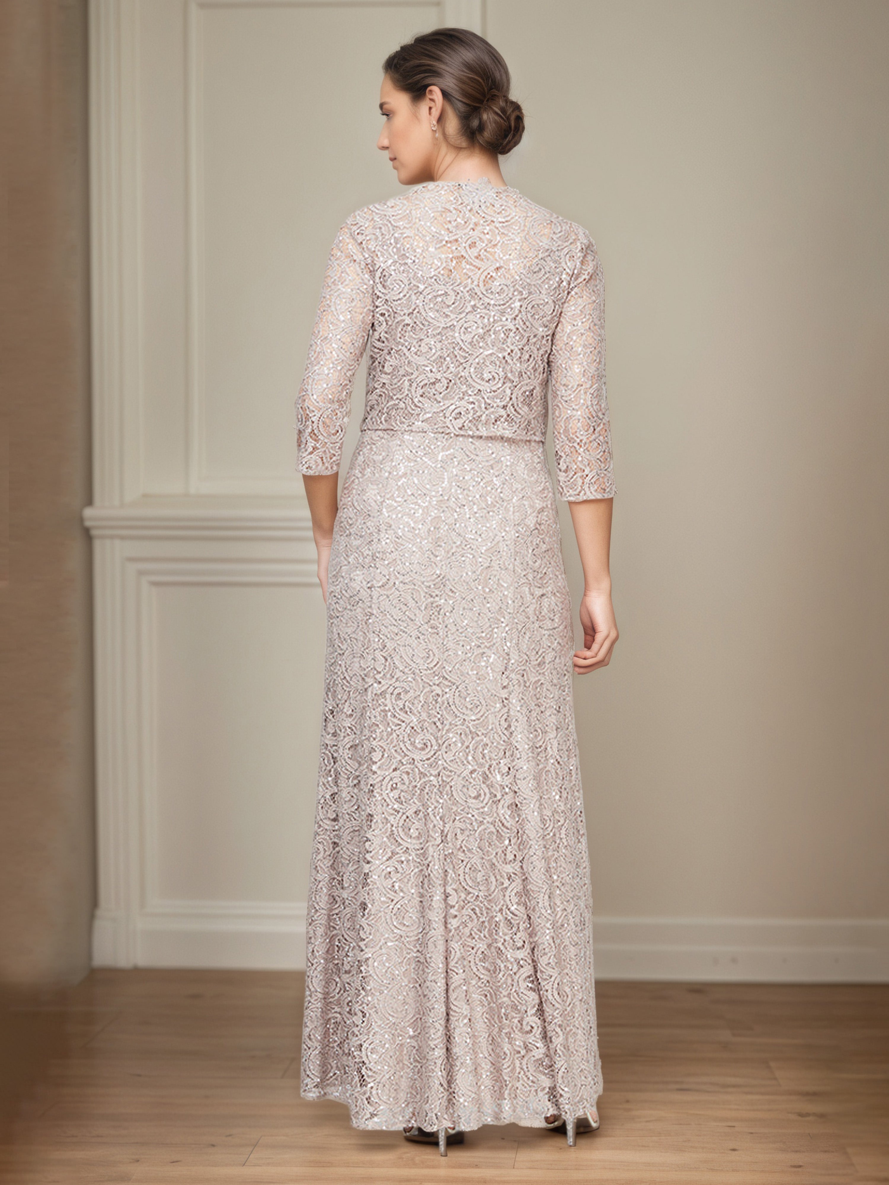 Champagne Lace A-Line Mother Of The Bride Dress with 3/4 Length Sleeves Illusion Jacket