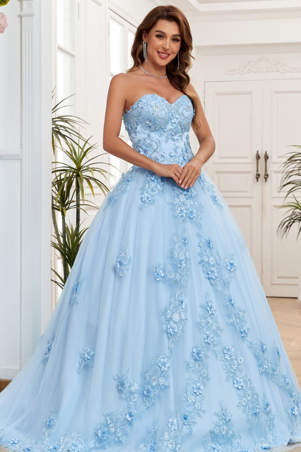 Chic & Modern Ball Gown Strapless Sleeveless Flower Appliques Lace Up Baby Blue Tulle Formal Evening Party Gown Quinceanera Dress for Sweet 16