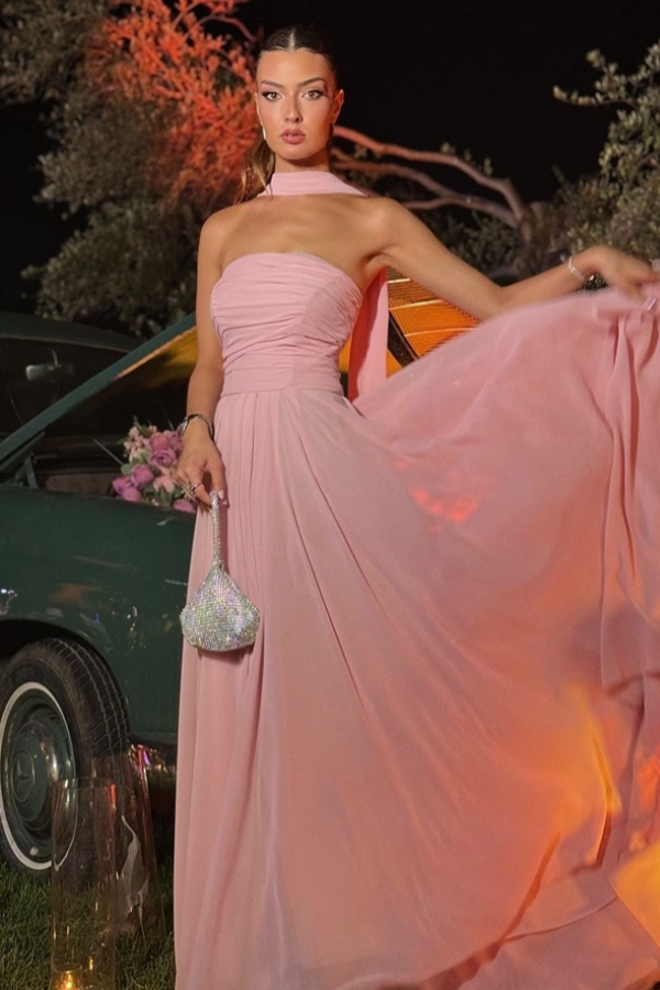 Elegant & Gorgeous A-Line Strapless Sleeveless Party Prom Dresses Gown Chiffon Floor Length Evening Formal Dress Wedding Guest Dress