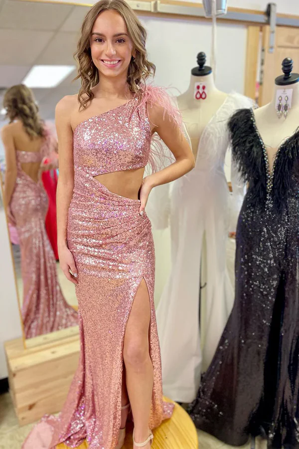 Sexy Glitter Sheath One Shoulder Sleeveless Open Back Feather Pink Floor Length Prom Dresses Dress Evening Gown with High Side Slit and Train