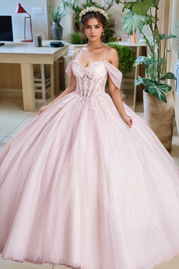 Glitter & Sparkly Ball Gown Off Shoulder Spaghetti Straps Flower Appliques Tiered Baby Pink Tulle Quinceanera Dress Birthday Party Dress for Sweet 16