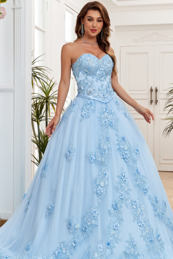 Chic & Modern Ball Gown Strapless Sleeveless Flower Appliques Lace Up Baby Blue Tulle Formal Evening Party Gown Quinceanera Dress for Sweet 16