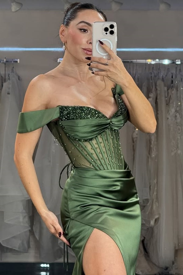 Gorgeous & Luxury Sheath Off Shoulder Sleeveless Beaded Pleated Prom Dresses Party Dress High Side Slit and Train Evening Formal Gown