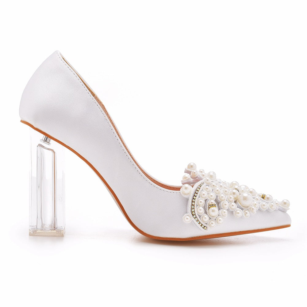 Women's Wedding Shoes Point Toe White Pearl Satin High Heels