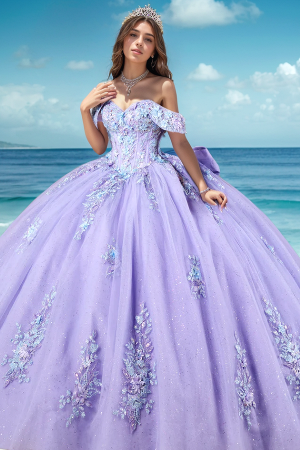 Cute & Glitter Ball Gown Off Shoulder Sleeveless Appliques Bow Knot Purple Tulle Formal Evening Party Dress Quinceanera Dress for Sweet 16