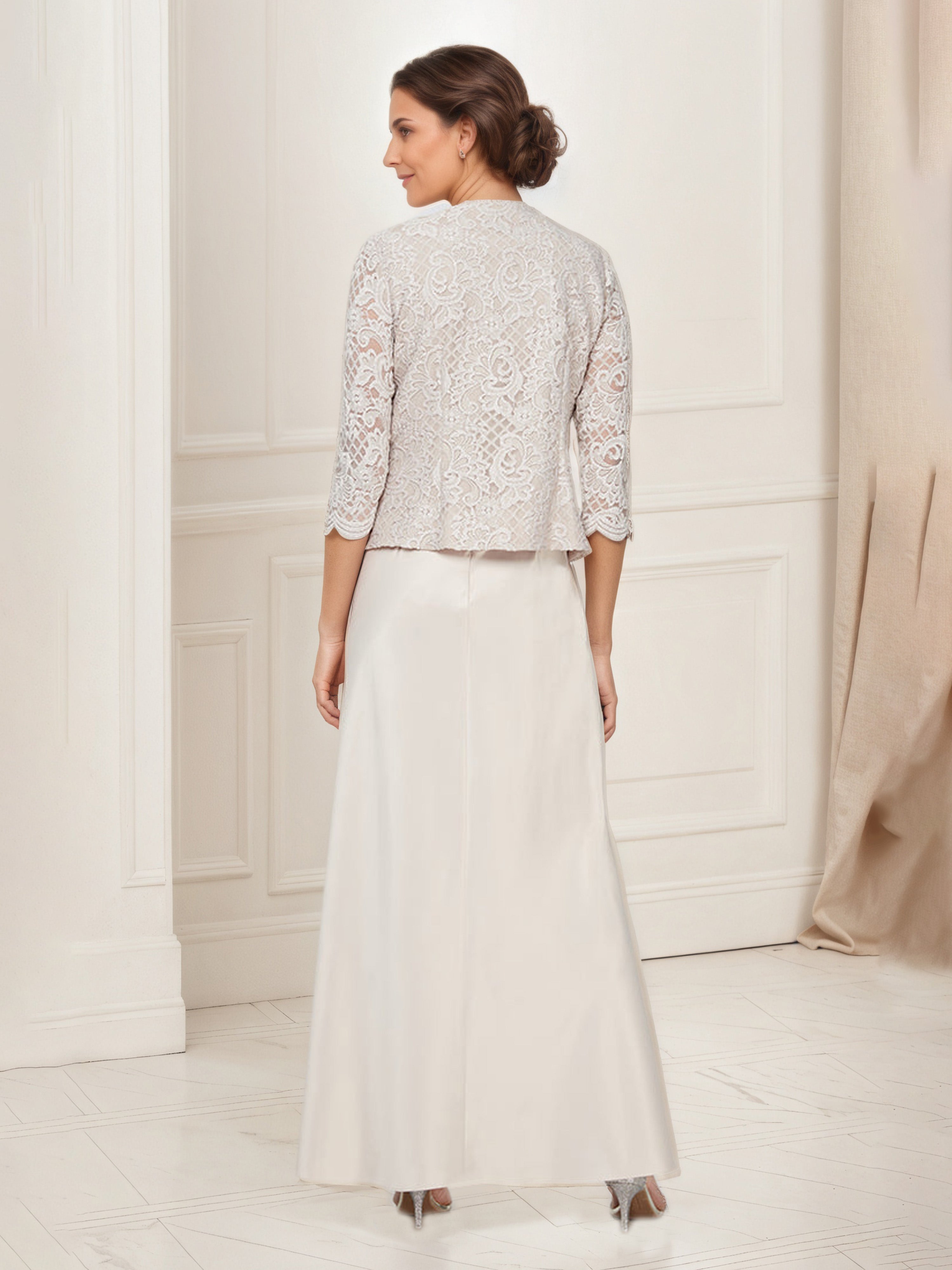 Champagne Satin Mother of the Bride Dress with Glitter Lace Bodice and Matching Jacket