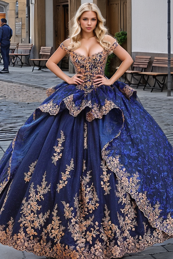 Classic & Eleant Ball Gown Off Shoulder Sleeveless Gold Flowers Appliques Ruffles Tiered Navy Blue Tulle Quinceanera Dress Formal Evening Party Dress Cocktail Dress for Sweet 16