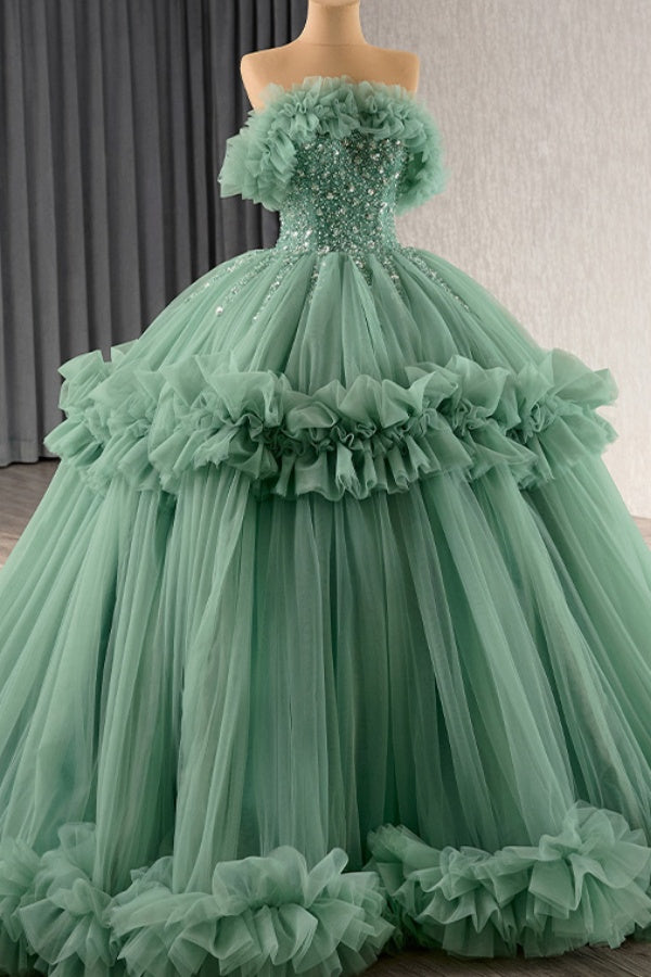 Ball Gown Strapless Sleeveless Beaded Crystal Ruffles Tiered Lace Up Mint Green Tulle Quinceanera Dress Birthday Party Gown for Sweet 16
