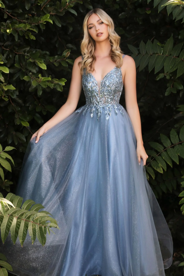 Elegant A-Line V Neck Spaghetti Straps Sleeveless Appliques Prom Dresses Party Gown Backless Glitter Tulle Evening Formal Gown Wedding Guest Dress