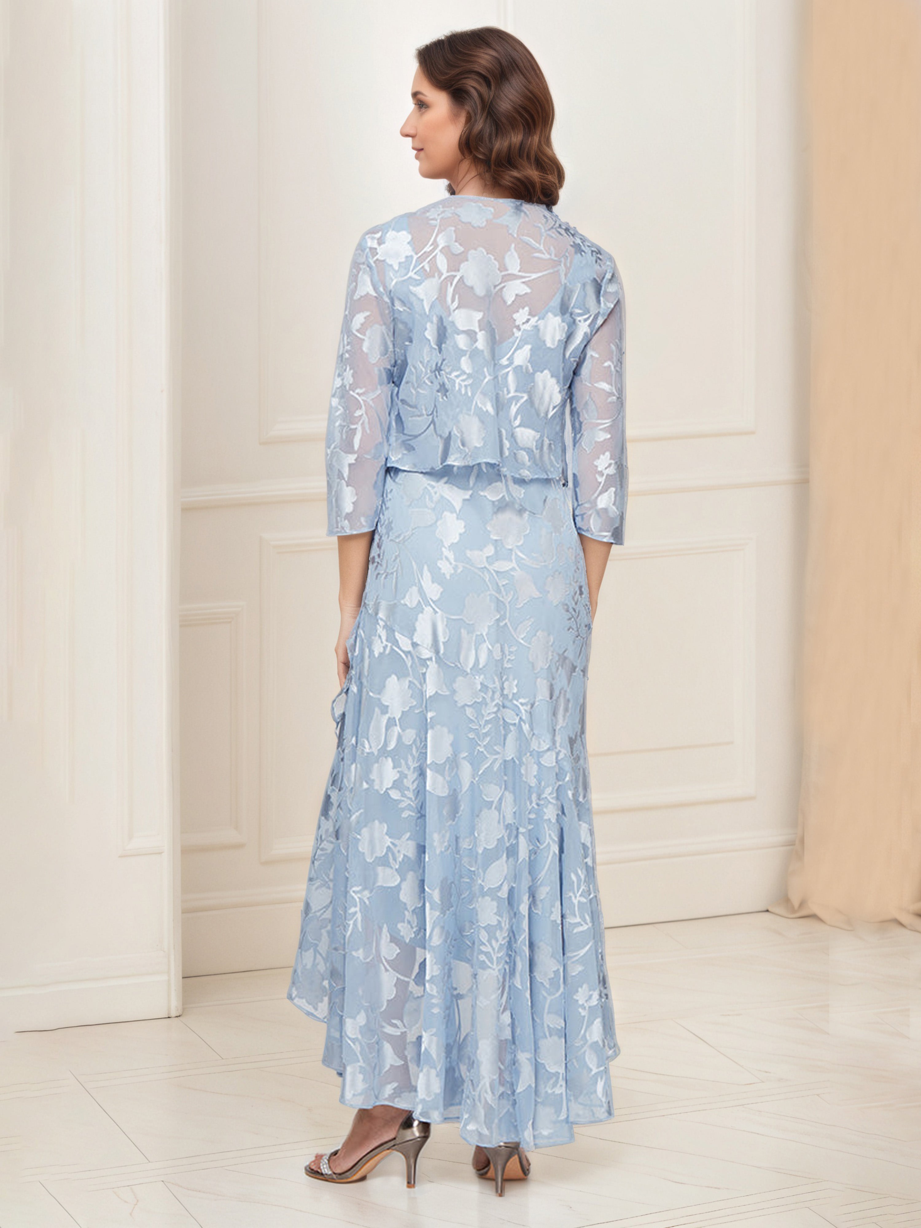 Sky Blue Lace High-Low V-Neck Mother of the Bride Dress with Matching Jacket