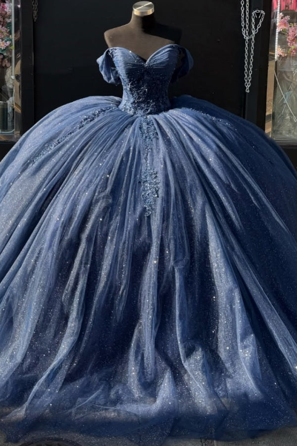 Elegant & Glamorous Ball Gown Off Shoulder Pleated Appliques Lace Up Navy Blue Tulle Quinceanera Dress Birthday Party Gown for Sweet 16