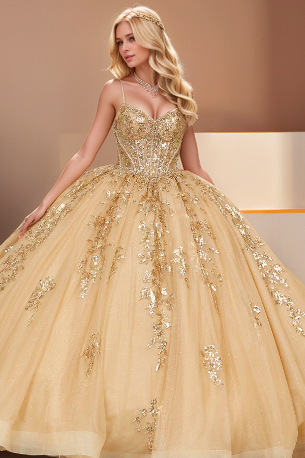 Gorgeous & Luxury Ball Gown Sweetheart Neck Spaghetti Straps Sequins Lace Appliques Bown Knot Gold Tulle Quinceanera Dress Evening Dress for Sweet 16
