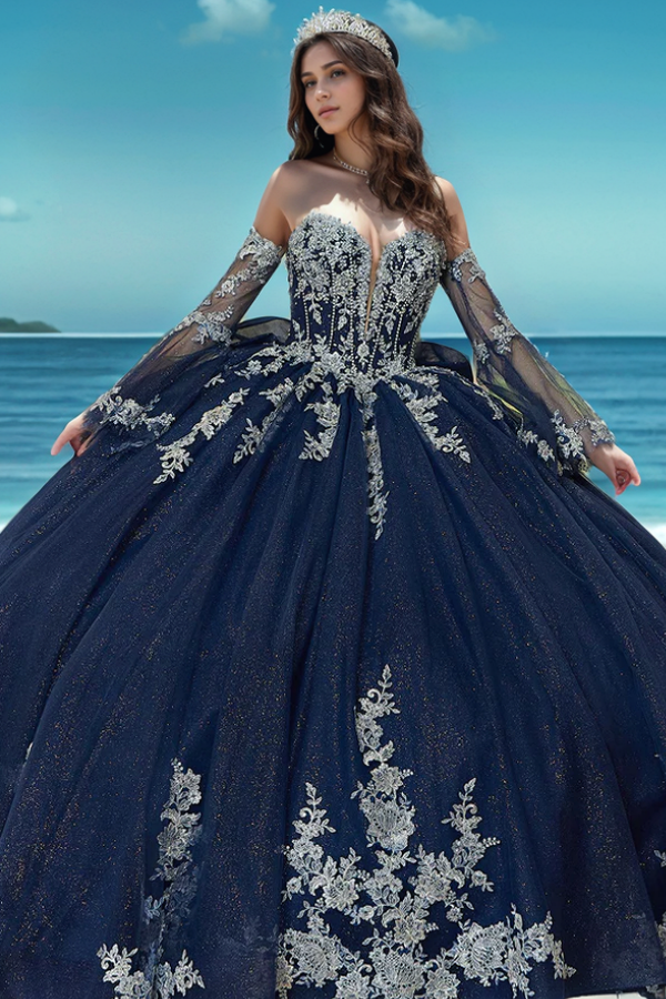 Elegant & Glitter Ball Gown Strapless Detachable Long Bell Sleeves Beaded Appliques Lace Up Bow Knot Navy Blue Tulle Quinceanera Dress Formal Evening Gown Party Dress