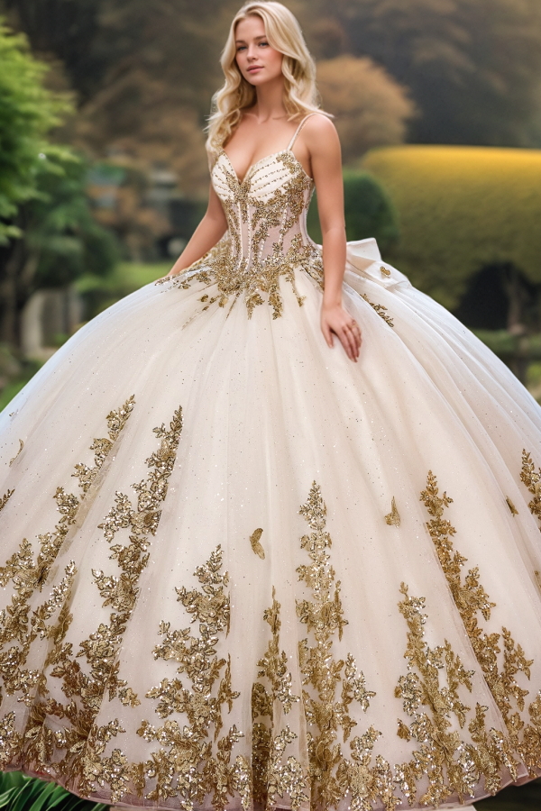 Purely Ball Gown Sweetheart Neck Spaghetti Straps Sleeveless Tiered Beaded Sequins Appliques White Tulle Quinceanera Dress Birthday Party Gown for Sweet 16