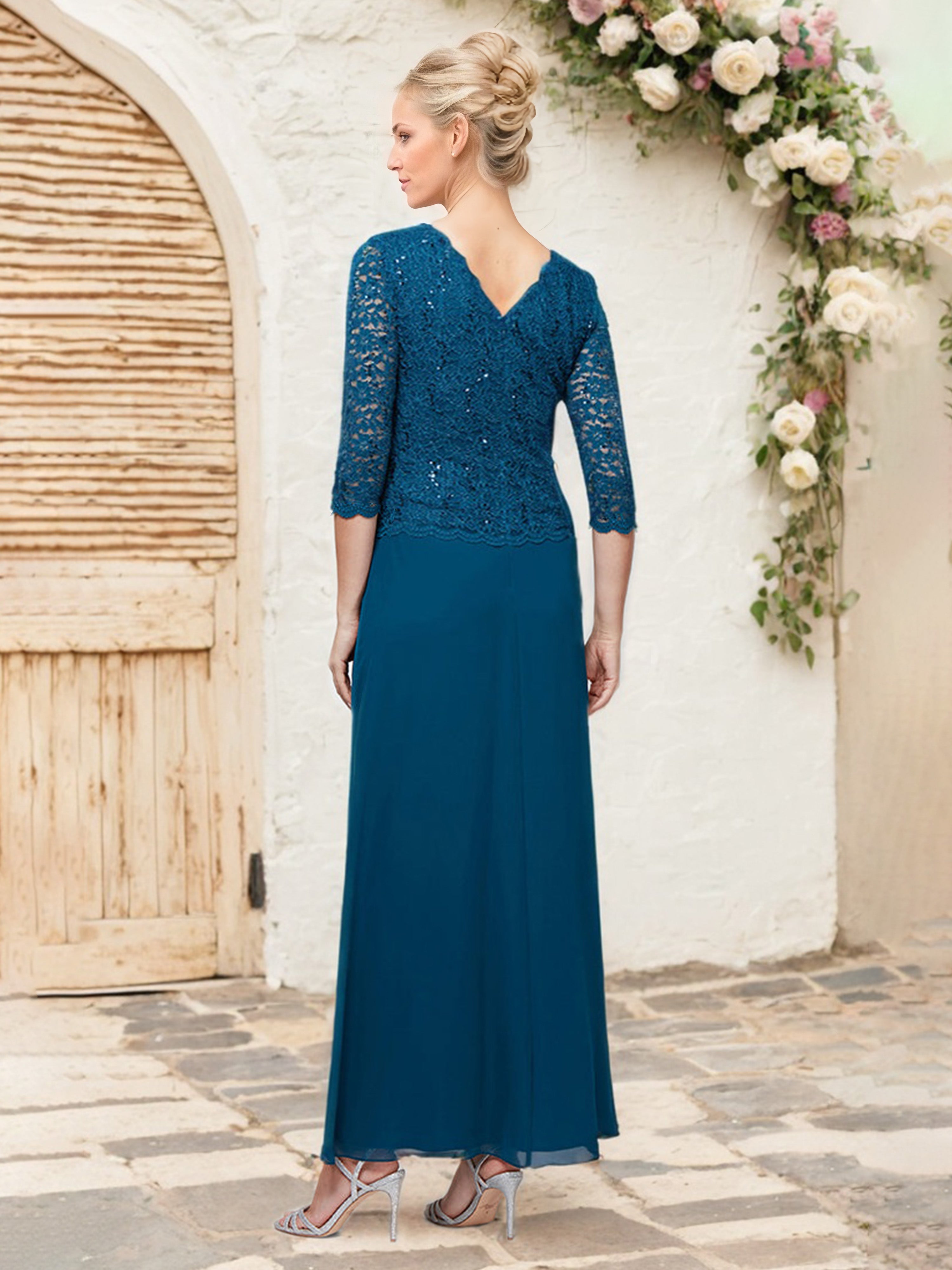 Ink Blue Mock Two-Piece Chiffon Mother of the Bride Dress with Lace Bodice and 3/4-Length Sleeves