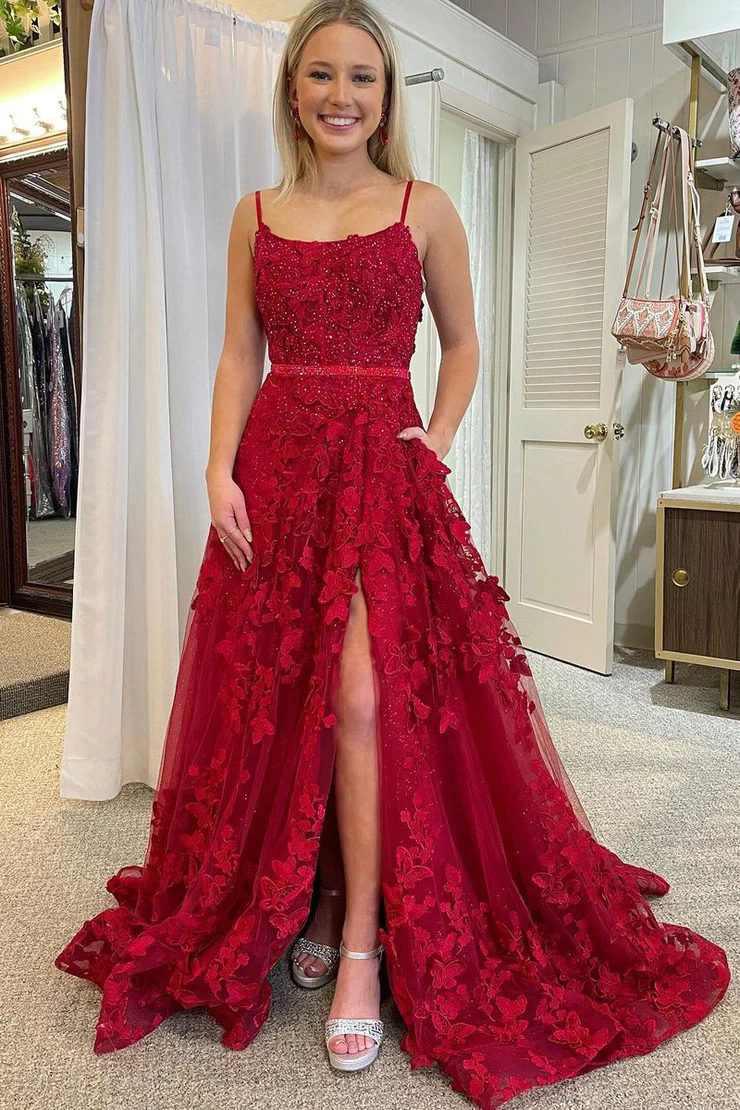 A Line Scoop Neck Red Sequins Lace Long Prom Dresses A Line Scoop Neck Red Sequins Lace Long Prom Dresses
