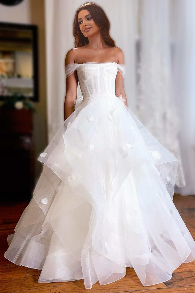 A Line Sleeveless Ruffles Wedding Dresses with 3D Appliques