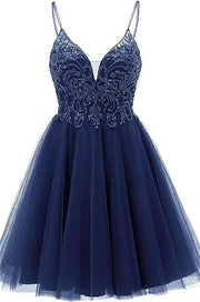A-Line Short Tiered Dark Blue Homecoming Dress with Appliques, Graduation Dress UQ1836 main image 0